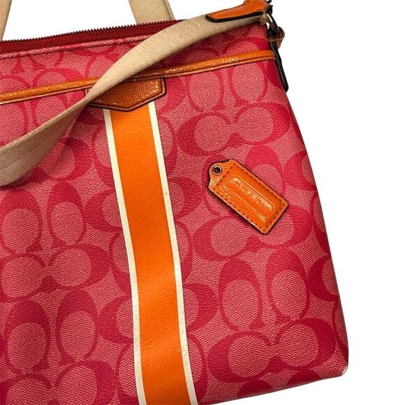 Coach Signature Stripe Crossbody Bag Pink Orange Canvas Leather Trim - Picture 2 of 8